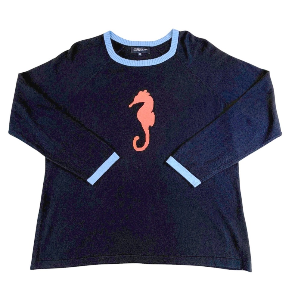 Jones New York Signature Seahorse Navy Blue Knit Sweater 2X Woman Raglan Sleeve